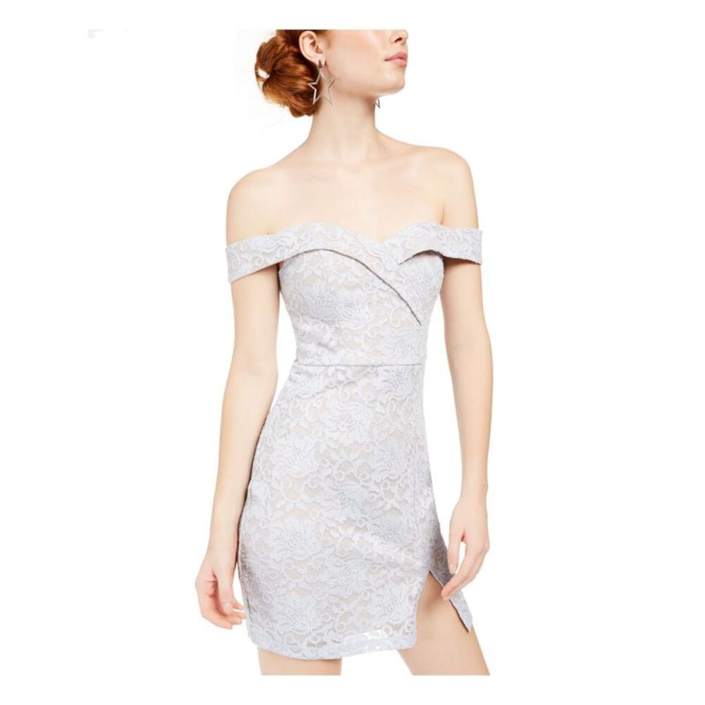 MY MICHELLE Womens Sheath Short Dress Silver Off Shoulder Cocktail Juniors 13 - Picture 3 of 3